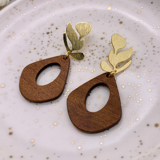 Wood & Gold Leaf Dangle Earrings