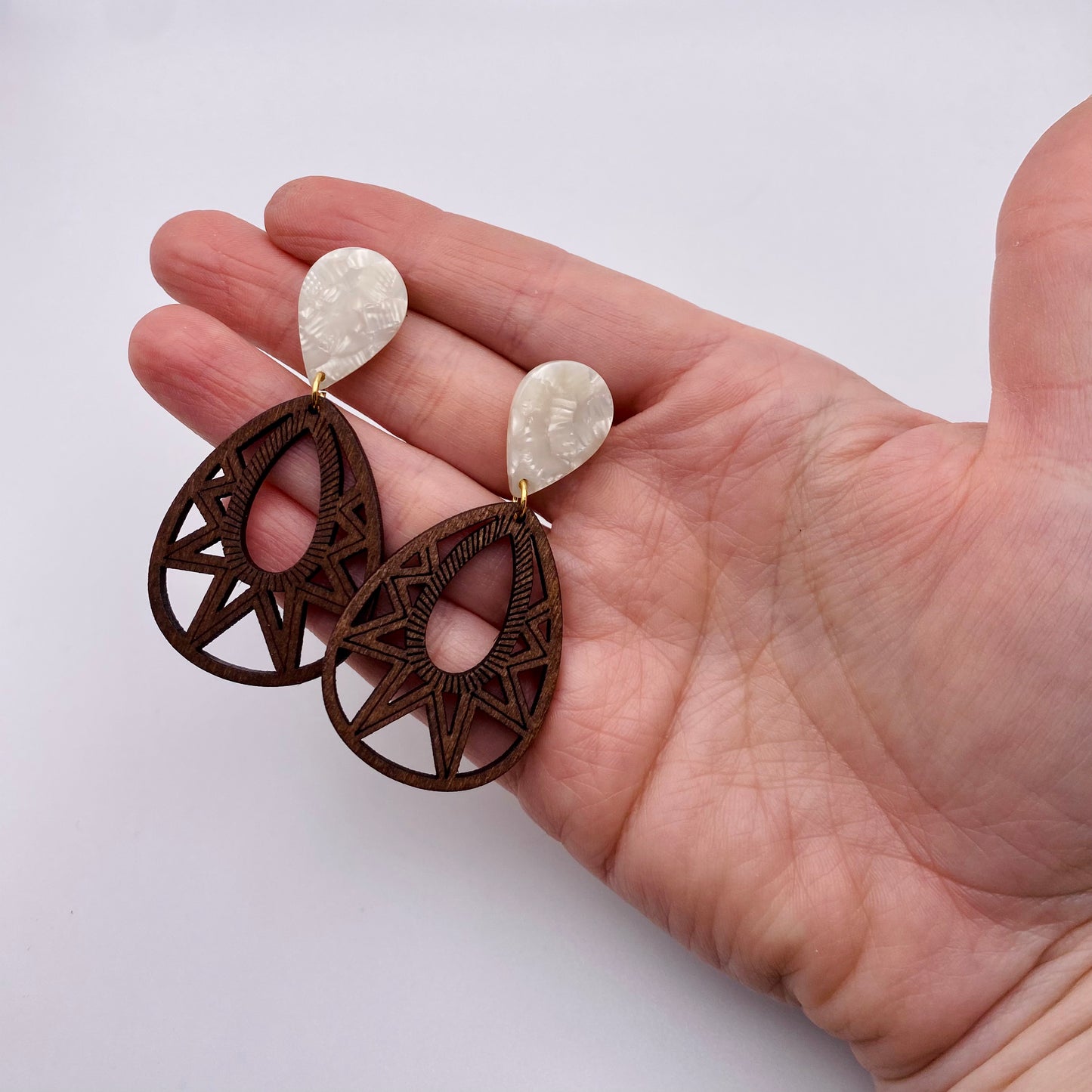 Wood & Pearlescent Dangle Earrings